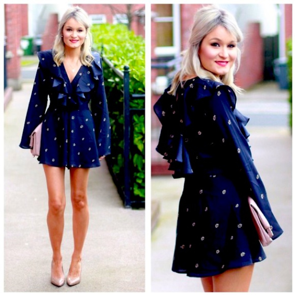 TOPSHOP Long Sleeve Ruffled Navy Blue Romper